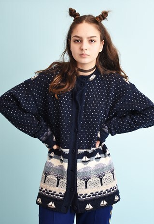90'S RETRO NAUTICAL PATTERN NAVY OVERSIZED KNIT CARDIGAN
