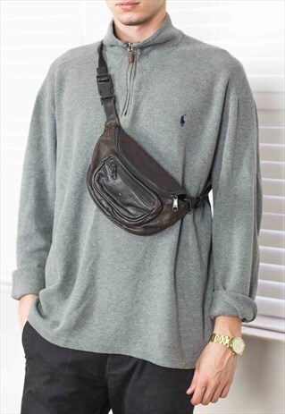 VINTAGE BLACK LEATHER CROSS BODY BUM BAG LOGO 90S X 7.6