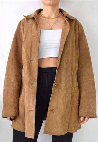 CLASSIC VINTAGE 90S TAN SUEDE LEATHER PADDED BLAZER JACKET