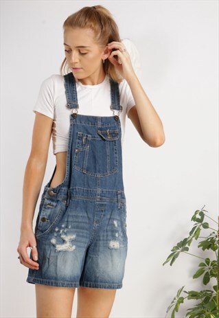 VINTAGE DISTRESSED DENIM DUNGAREE SHORTS Z941