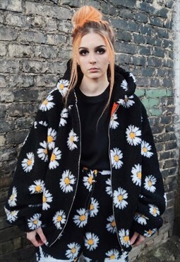 Daisy print fleece jacket handmade sunflower bomber in black