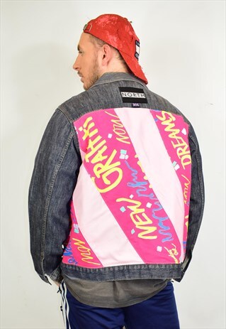 NORTH REWORKED PINK 80S PRINT STRIPE FESTIVAL DENIM JACKET