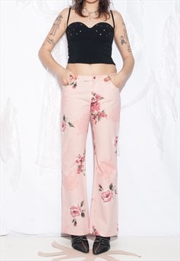 Vintage Y2K Rose Flare Jeans in Pink