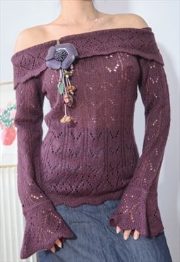 vintage balletcore y2k crochet knit off shoulder jumper