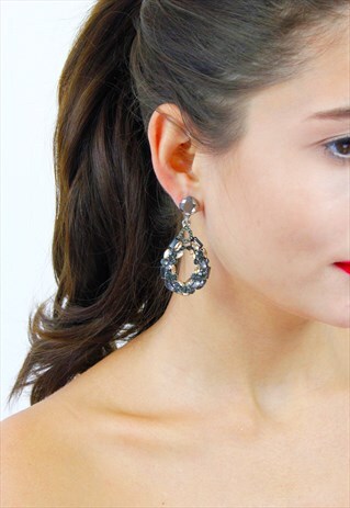 SMOKY GREY HOOP DIAMANTE JEWEL DROP DANGLE EARRINGS