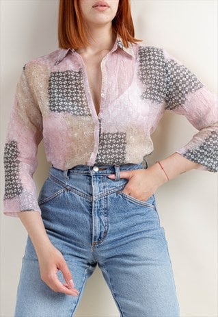 VINTAGE Y2K SQUARE PATTERN PINK CRINKLE 3/4 SLEEVE BLOUSE M