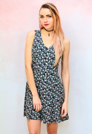 1990S VINTAGE PURPLE AND BLUE DITSY FLORAL MINI DRESS