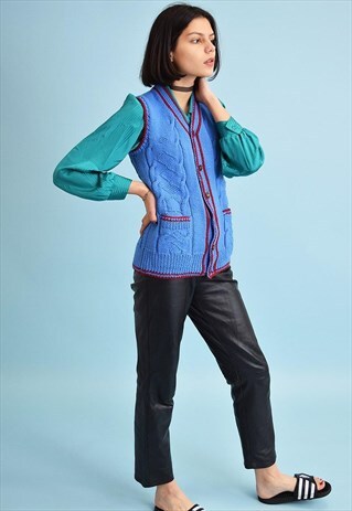 70'S MOD SLEEVELESS MEGA BLUE KNITTED JUMPER VEST GILET