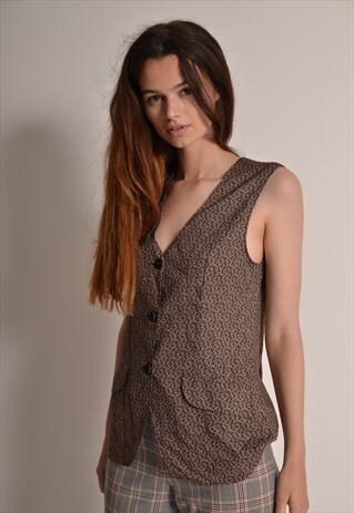 VINTAGE 80S WAISTCOAT PATTERNED BUTTON SHIRT IN BROWN