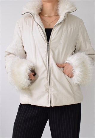 VINTAGE Y2K 90S FAUX FUR COLLAR CUFFS QUILTED PADDED COAT