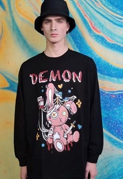 Anime print sweatshirt demon slogan Gothic thin top black
