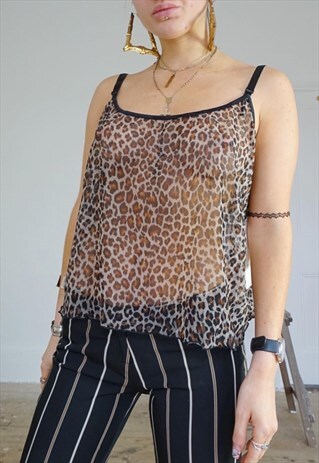 90S DEADSTOCK LEOPARD MESH CAMI TOP PLUS SIZE LETTUCE HEM