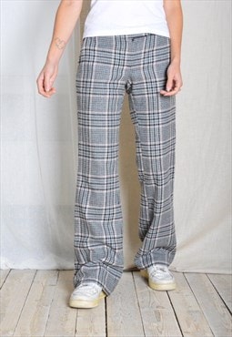 Y2K Grey Pink Check Wool Blend Flare Preppy Womens Pants