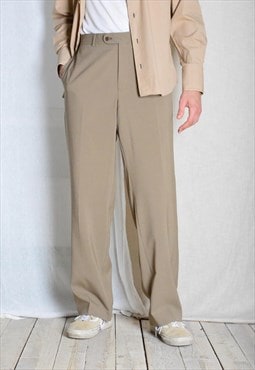 Vintage 90s Beige Minimalist Wool Blend Formal Mens Pants