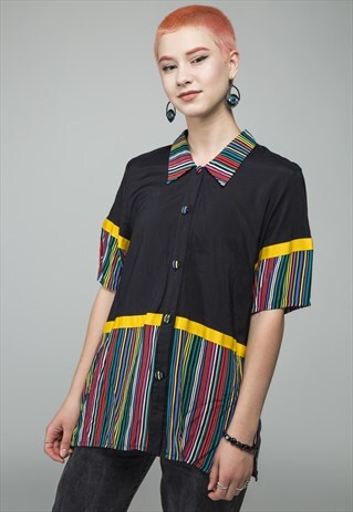 VINTAGE DOMINO STRIPED COLLARED SHORT SLEEVE SHIRT