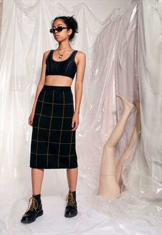 VINTAGE KNIT SKIRT 80S GRID PLAID BLACK GRUNGE MIDI