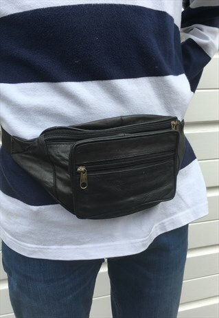 UNISEX VINTAGE FESTIVAL 80S 90S BOHO BLACK LEATHER BUMBAG
