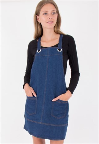 NAVY BIB FRONT PINAFORE DUNGAREE A-LINE MINI SKATER DRESS