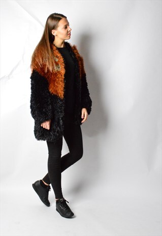 VINTAGE 80S FLUFFY COLOUR BLOCK PATCH CARDIGAN JACKET