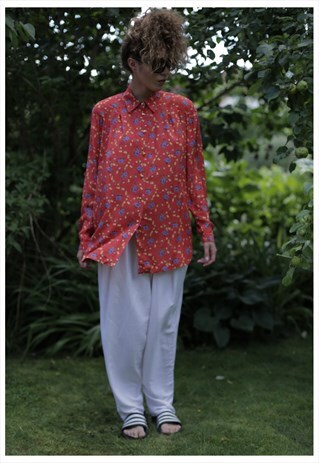 VINTAGE 90'S BRIGHT RED FLOWER PRINT LONG SLEEVED SHIRT