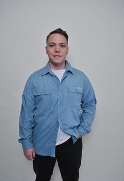 Vintage hiking shirt, cotton track button up in blue color 
