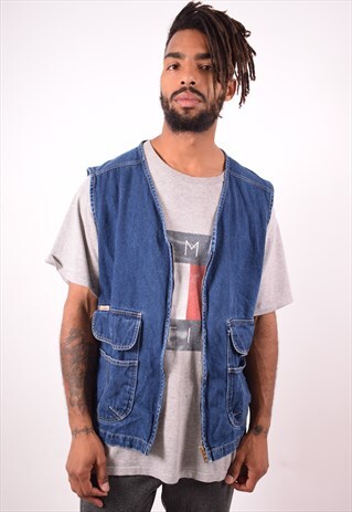 MENS VINTAGE DENIM GILET LARGE BLUE 90S