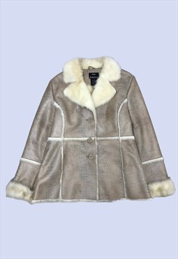 Beige Coat Womens Small Faux Fur Suede Button Up