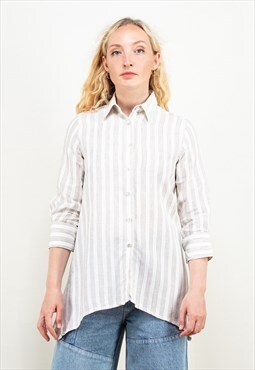 Vintage 90's Striped Linen Shirt in White and Grey