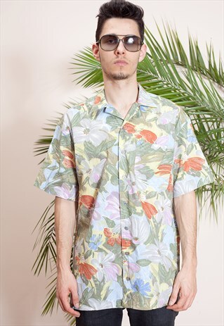 MENS VINTAGE SHORT SLEEVE, ABSTRACT, FLOWERY PRINT.