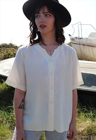 VINTAGE CREAM SHEER SHIRT BLOUSE WITH FLOWER EMBROIDERY