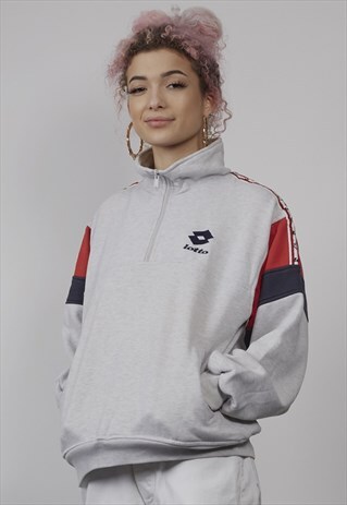 VINTAGE 80'S LOTTO TAPED GREY ZIP-UP SWEATER