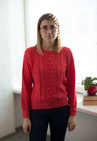 VINTAGE 80'S SALMON RED PEARL BEADED JUMPER