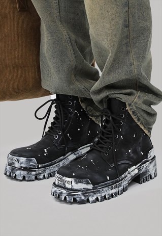 Paint splatter ankle boots edgy graffiti shoes black white