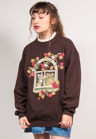 VINTAGE 90'S BROWN CAT & BIRDS CUTE SWEATSHIRT