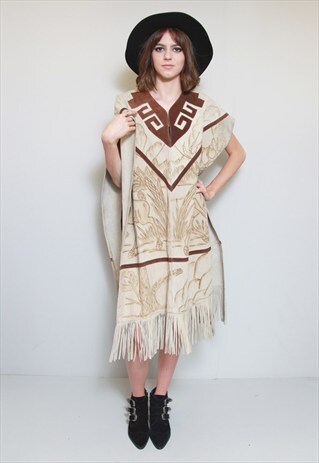 VINTAGE 1970'S AMAZING BEIGE SUEDE FESTIVAL PONCHO CAPE