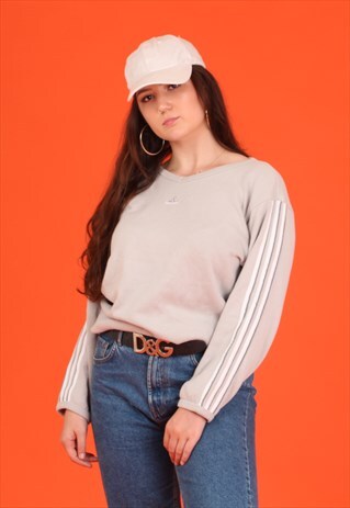 GREY/CREAM LONG SLEEVE ADIDAS V-NECK SWEAT TOP