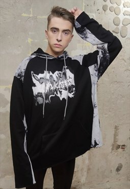 Grunge graffiti hoodie Gothic Y2K pullover marble top black 