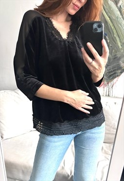 Velour Black Lace Fancy Evening Blouse - Large 