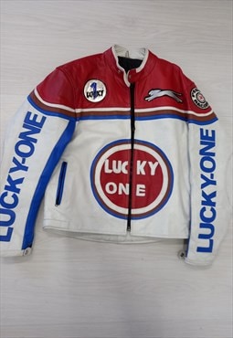 00's Vintage Lucky One Biker Jacket White Red