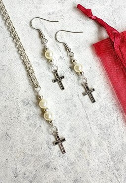 Handmade Cross Faux Pearl Earrings and Necklace Set
