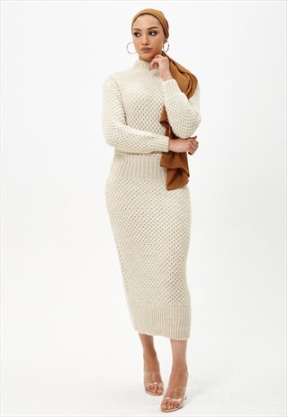 Beige Long Sleeve Maxi Knitted Dress 