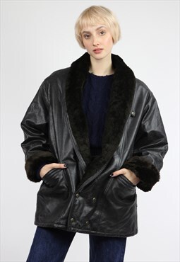 Vintage 90s Faux Sheepskin Coat Winter Black Medium