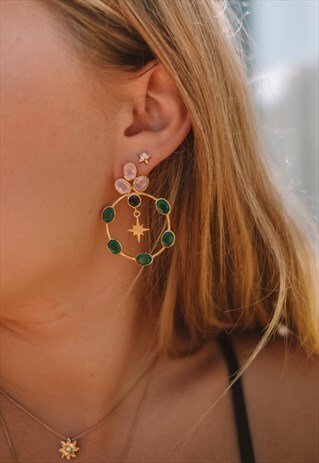 HOOP EARRINGS IN ROSE QUARTZ & BLACK AND GREEN ONYX