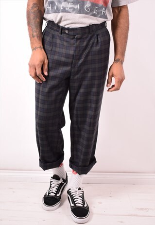 BURBERRY MENS VINTAGE TROUSERS W36 L27 NAVY BLUE CHECK 90S