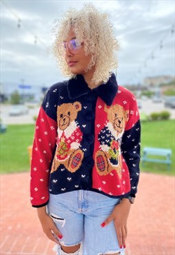 90s Vintage Xmas Teddy Bears Colorblock Cardigan Fur Collar