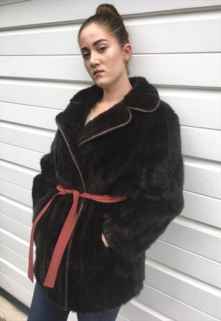 WOMENS VINTAGE 80S FAUX FUR COAT WITH BELT MIDI LENGTH MAC