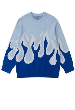 Flame sweater knitted grunge jumper raver top in neon blue