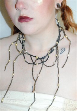 Silver Beaded Large Statement Necklace W Pearls Boho Grunge