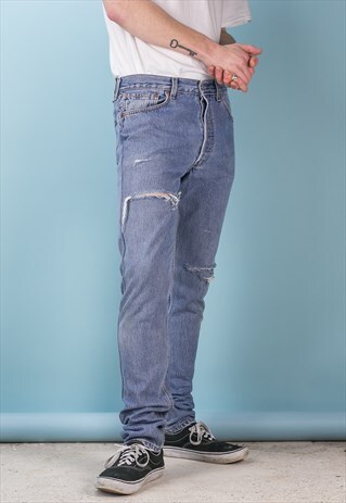 VINTAGE RIPPED 501 LEVI JEANS 90S MID WASH BLUE