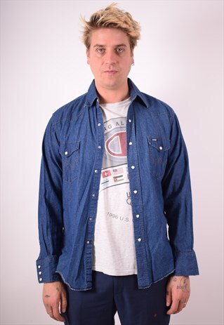 WRANGLER MENS VINTAGE DENIM SHIRT XL BLUE 90S